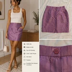Vintage 100% Silk Lilac Skirt 8P Made USA Purple Mini Straight Skirt Pockets